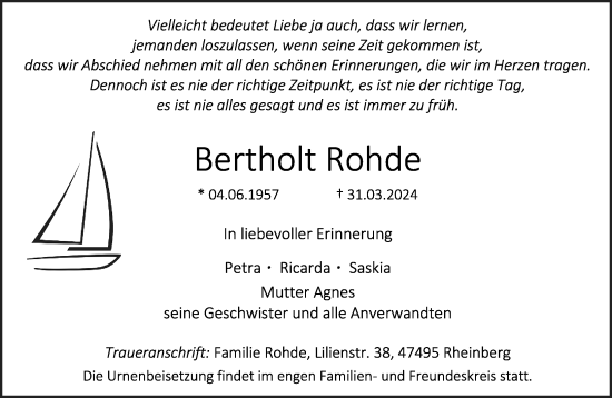 Traueranzeige von Bertholt Rohde von Rheinische Post