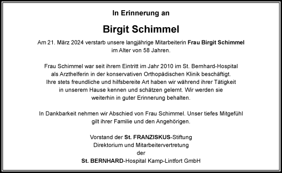 Traueranzeige von Birgit Schimmel von Rheinische Post