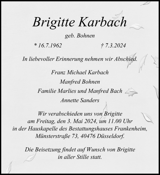 Traueranzeige von Brigitte Karbach von Rheinische Post