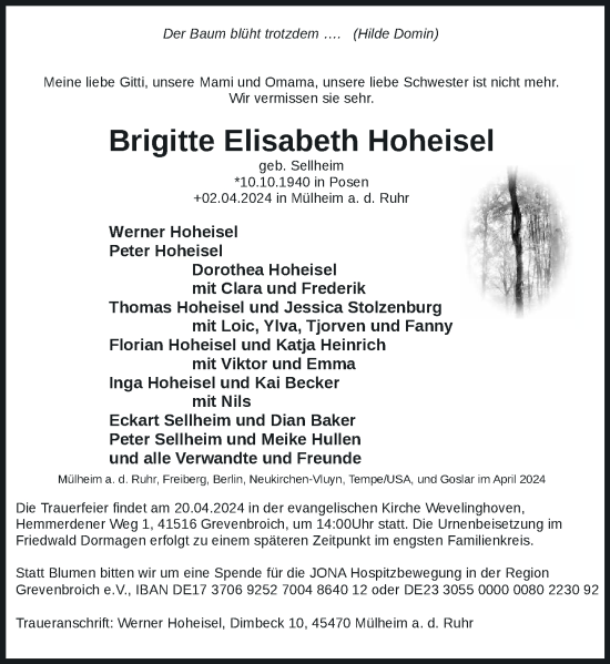 Traueranzeige von Brigitte Elisabeth Hoheisel von Rheinische Post