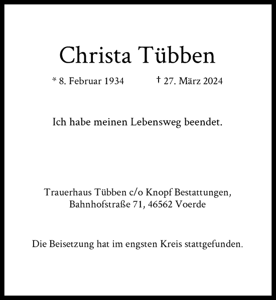 Traueranzeige von Christa Tübben von Rheinische Post