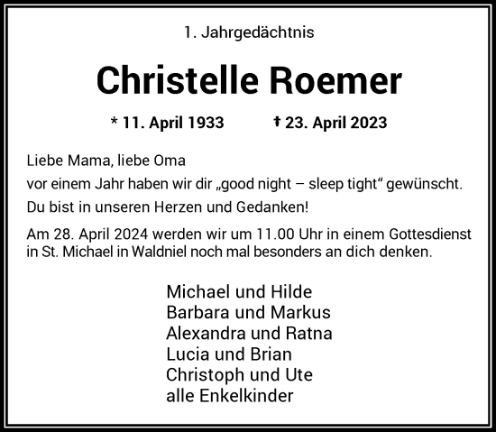 Traueranzeige von Christelle Roemer von Rheinische Post