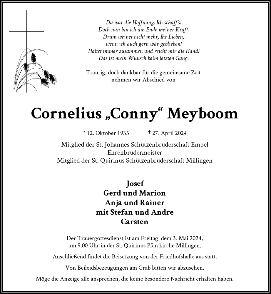  Traueranzeige für Cornelius Meyboom vom 30.04.2024 aus Rheinische Post