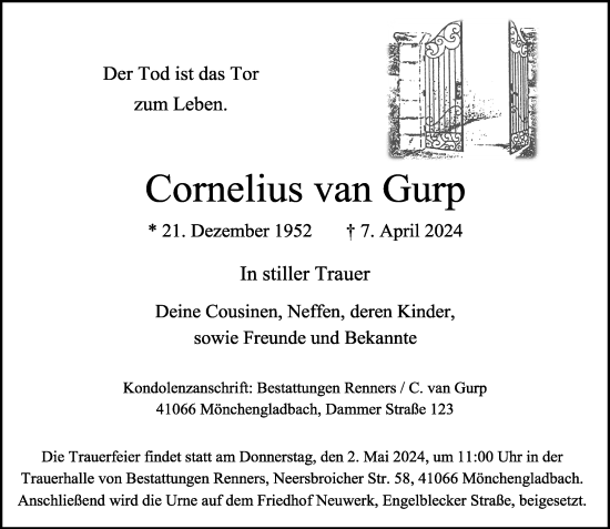 Traueranzeige von Cornelius van Gurp von Rheinische Post