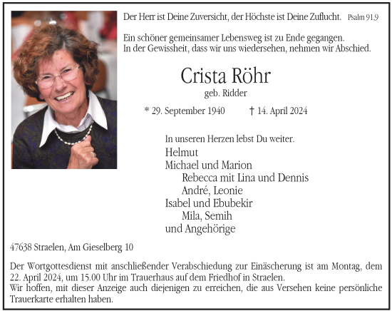Traueranzeige von Crista Röhr von Rheinische Post
