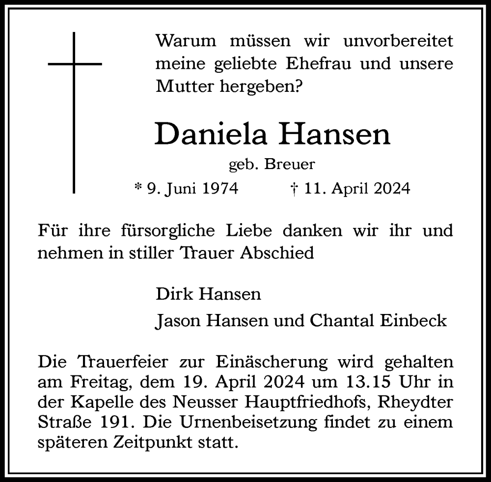  Traueranzeige für Daniela Hansen vom 17.04.2024 aus Rheinische Post
