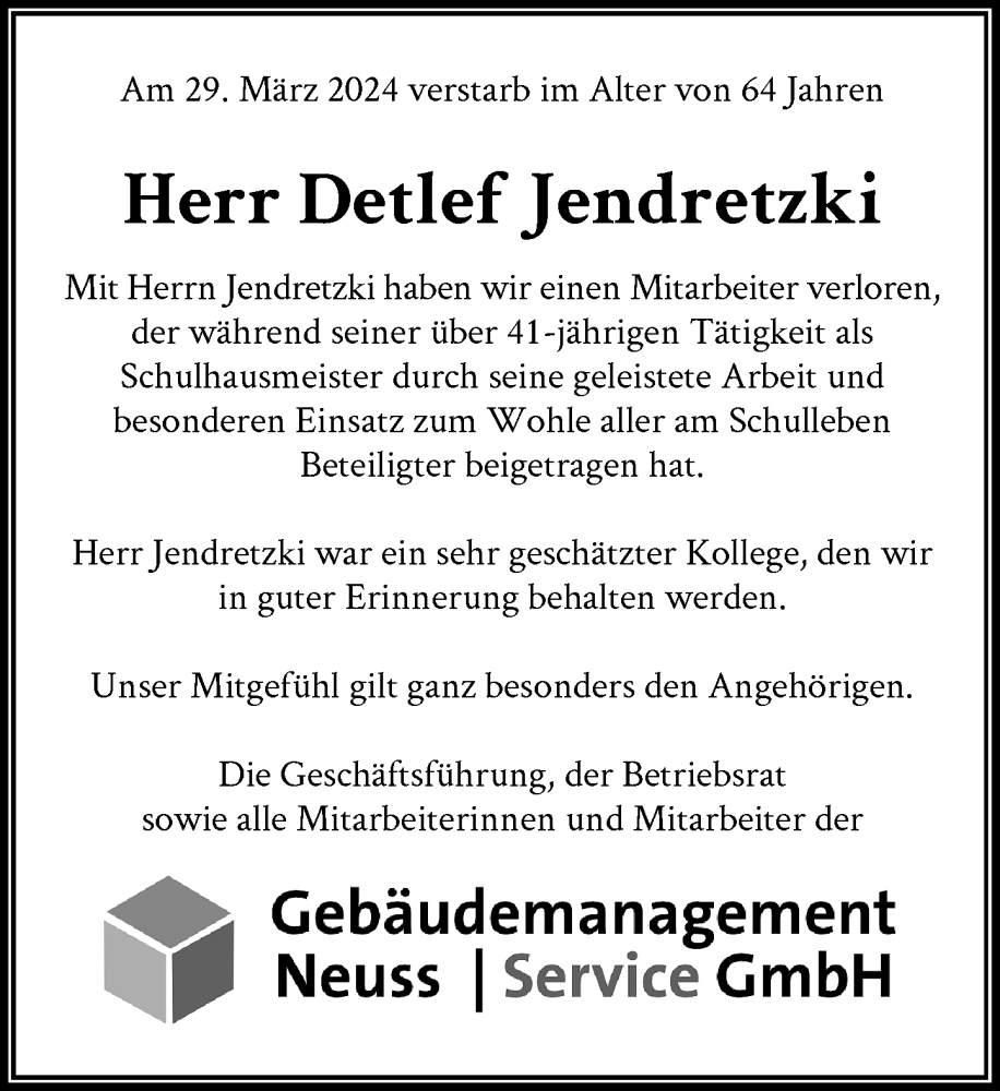  Traueranzeige für Detlef Jendretzki vom 11.04.2024 aus Rheinische Post
