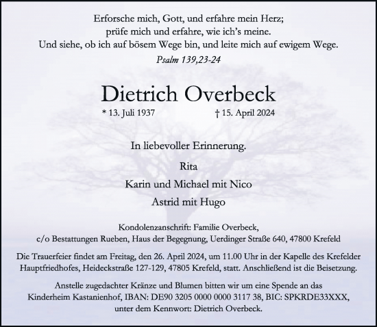 Traueranzeige von Dietrich Overbeck von Rheinische Post