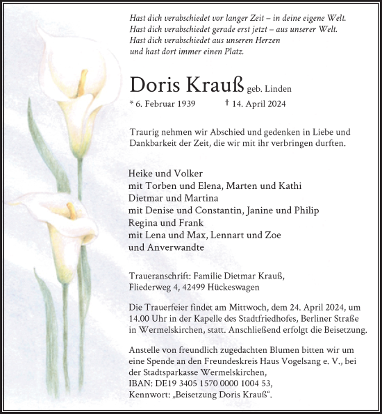 Traueranzeige von Doris Krauß von Rheinische Post