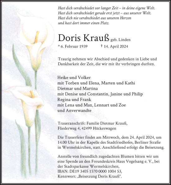 Traueranzeige von Doris Krauß von Rheinische Post