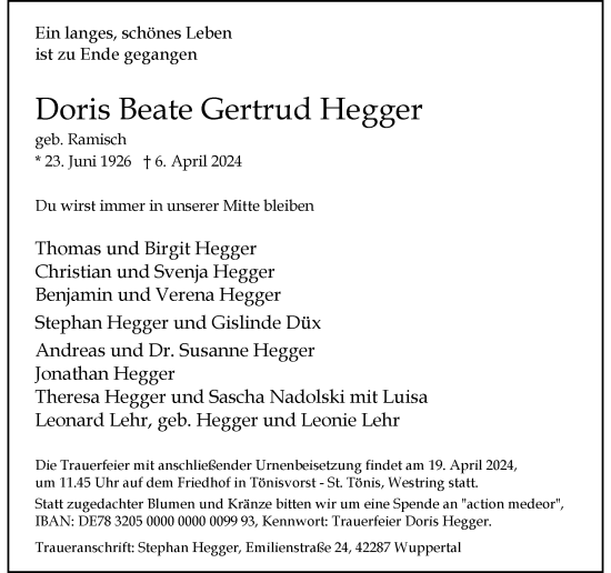 Traueranzeige von Doris Beate Gertrud Hegger von Rheinische Post