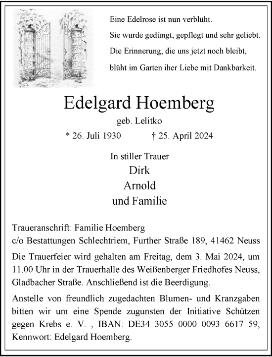 Traueranzeige von Edelgard Hoemberg von Rheinische Post