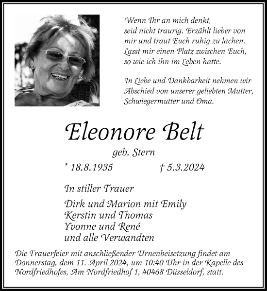 Traueranzeige von Eleonore Belt von Rheinische Post