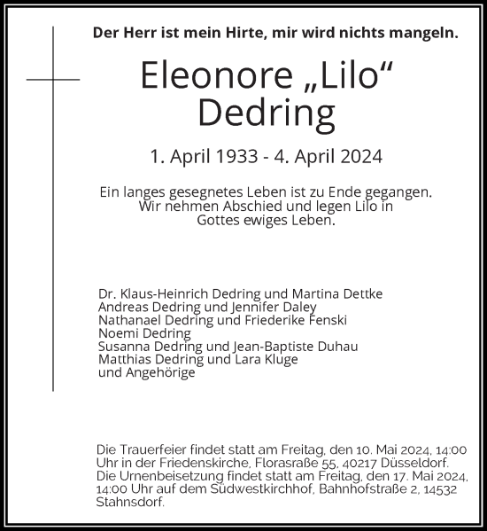 Traueranzeige von Eleonore Dedring von Rheinische Post