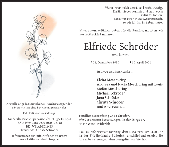 Traueranzeige von Elfriede Schröder von Rheinische Post