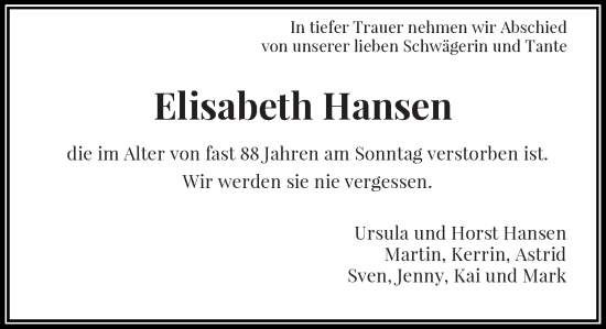 Traueranzeige von Elisabeth Hansen von Rheinische Post