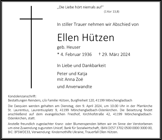 Traueranzeige von Ellen Hützen von Rheinische Post