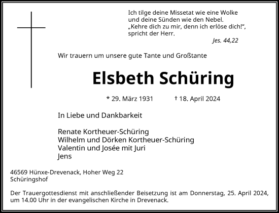 Traueranzeige von Elsbeth Schüring von Rheinische Post