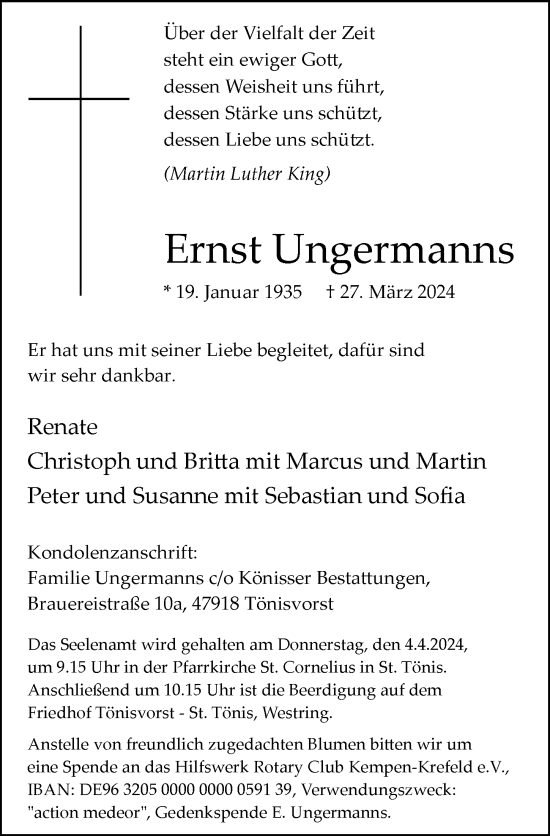 Traueranzeige von Ernst Ungermanns von Rheinische Post