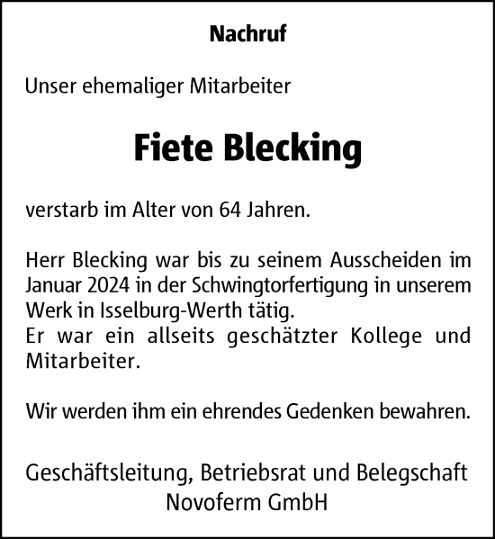 Traueranzeige von Fiete Blecking von Rheinische Post