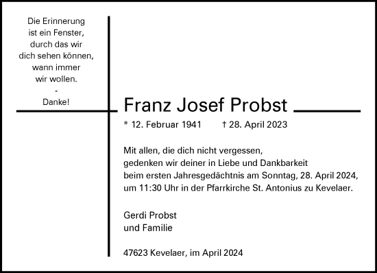 Traueranzeige von Franz Josef Probst von Rheinische Post