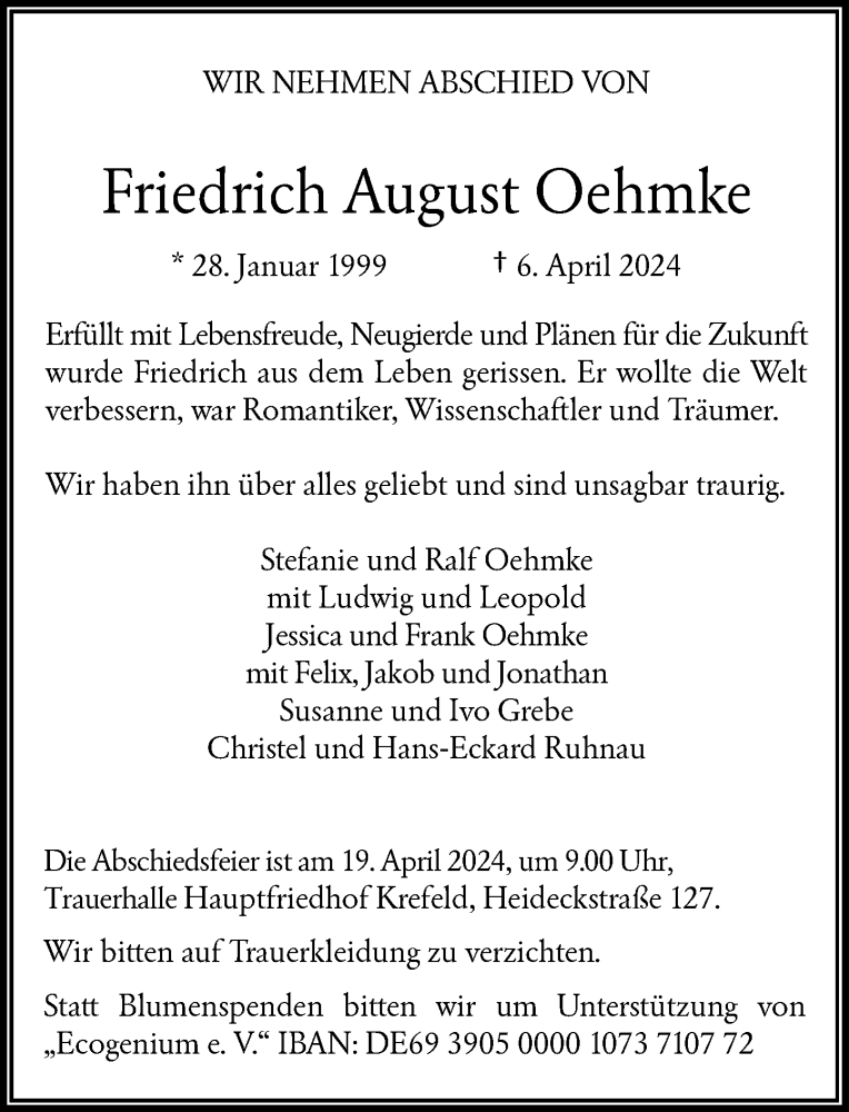 Traueranzeige für Friedrich August Oehmke vom 13.04.2024 aus Rheinische Post