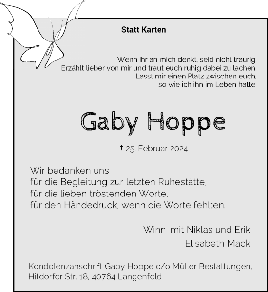 Traueranzeige von Gaby Hoppe von Rheinische Post