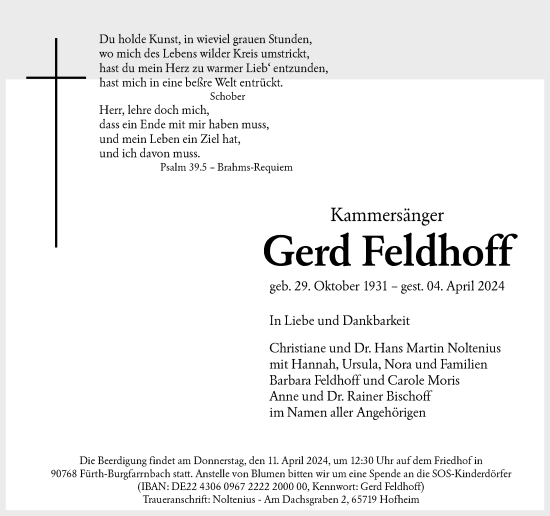 Traueranzeige von Gerd Feldhoff von Rheinische Post
