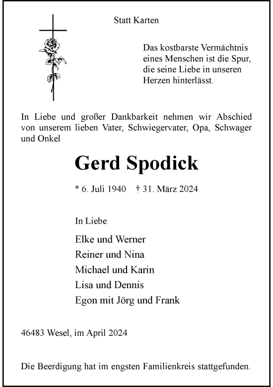 Traueranzeige von Gerd Spodick von Rheinische Post