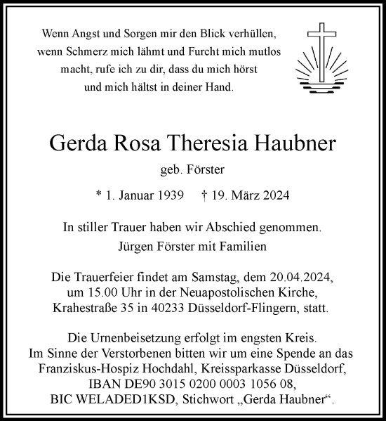 Traueranzeige von Gerda Rosa Theresia Haubner von Rheinische Post