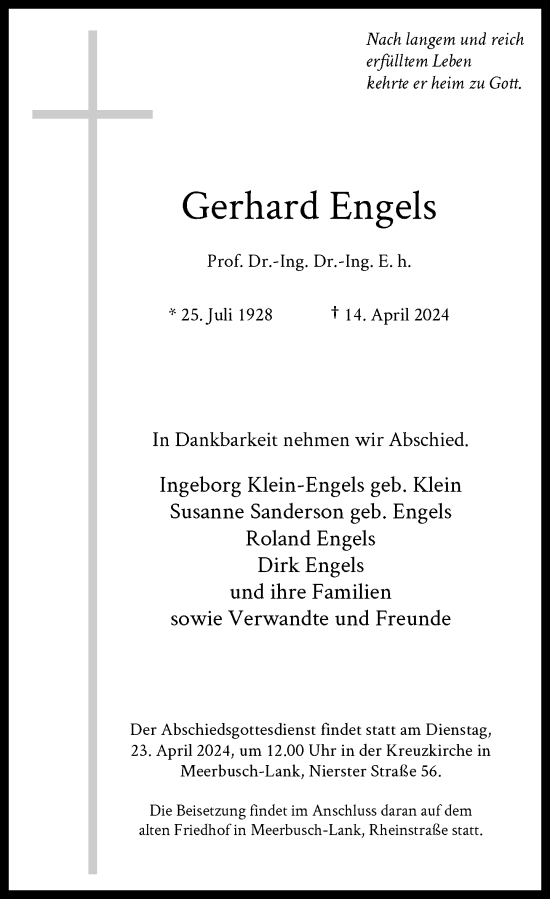 Traueranzeige von Gerhard Engels von Rheinische Post
