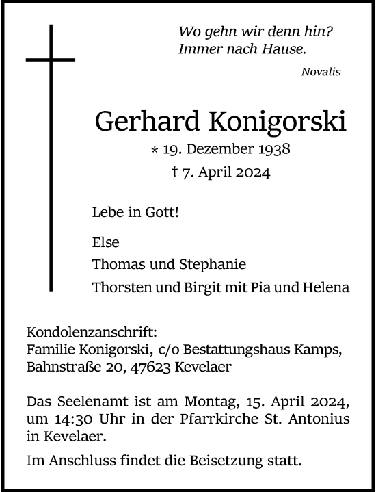Traueranzeige von Gerhard Konigorski von Rheinische Post