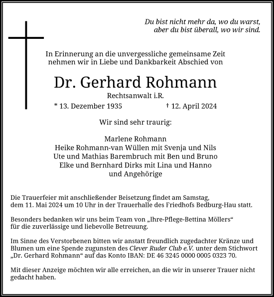 Traueranzeige von Gerhard Rohmann von Rheinische Post