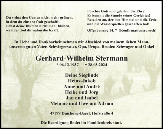 Traueranzeige von Gerhard-Wilhelm Stermann von Rheinische Post