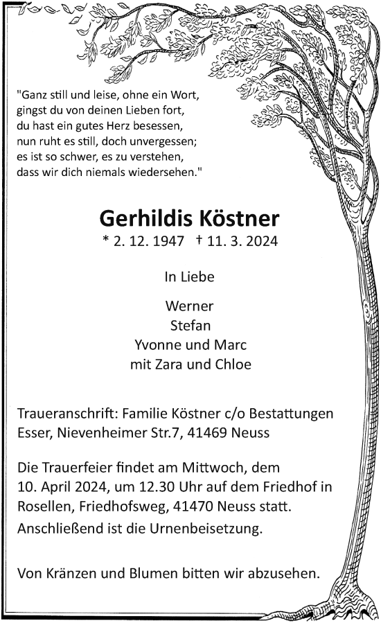 Traueranzeige von Gerhildis Köstner von Rheinische Post