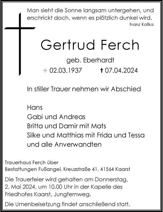 Traueranzeige von Gertrud Ferch von Rheinische Post
