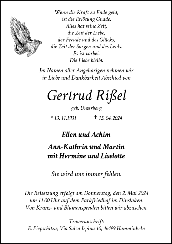 Traueranzeige von Gertrud Rißel von Rheinische Post