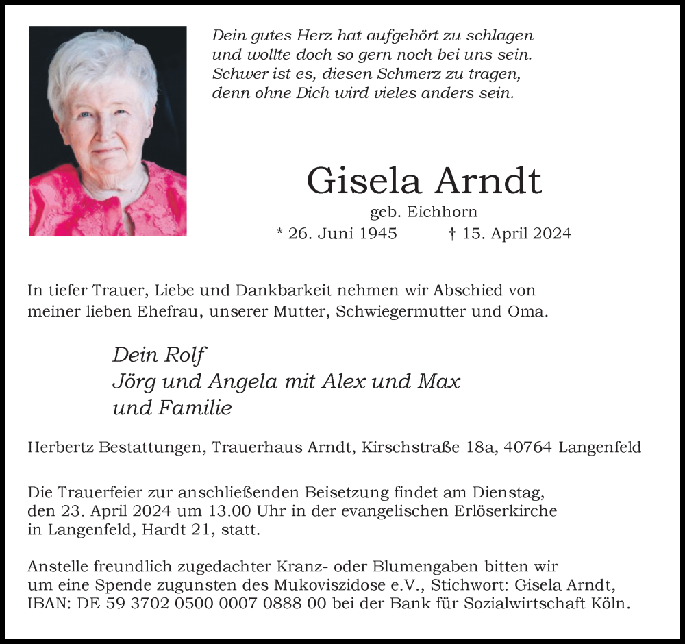  Traueranzeige für Gisela Arndt vom 20.04.2024 aus Rheinische Post