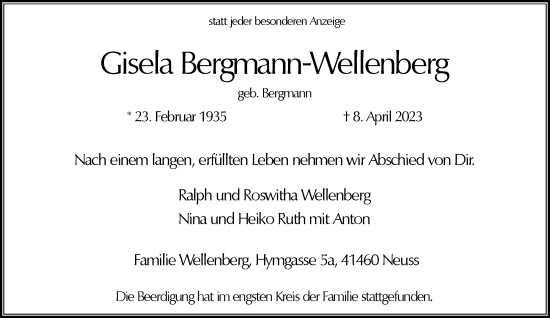Traueranzeige von Gisela Bergmann-Wellenberg von Rheinische Post