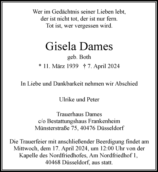 Traueranzeige von Gisela Dames von Rheinische Post
