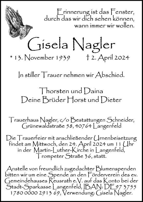 Traueranzeige von Gisela Nagler von Rheinische Post