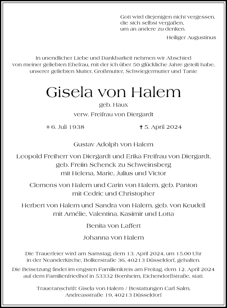  Traueranzeige für Gisela von Halem vom 10.04.2024 aus Rheinische Post
