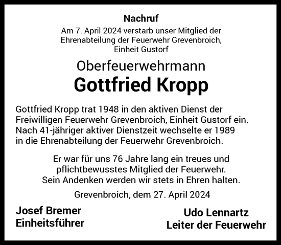 Traueranzeige von Gottfried Kropp von Rheinische Post