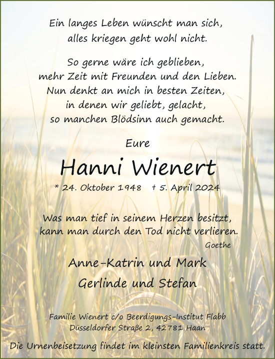 Traueranzeige von Hanni Wienert von Rheinische Post