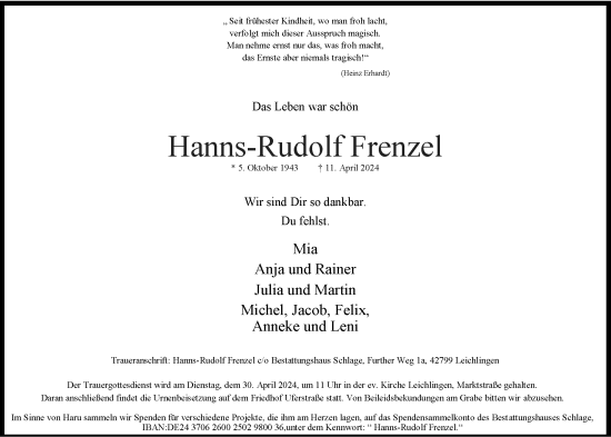 Traueranzeige von Hanns-Rudolf Frenzel von Rheinische Post