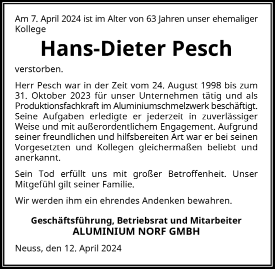 Traueranzeige von Hans-Dieter Pesch von Rheinische Post