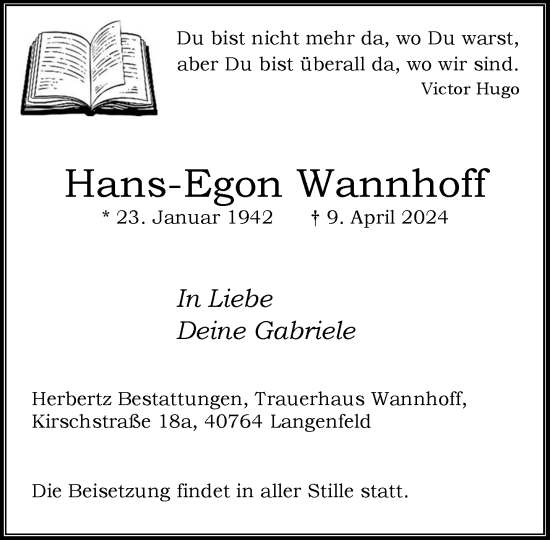 Traueranzeige von Hans-Egon Wannhoff von Rheinische Post
