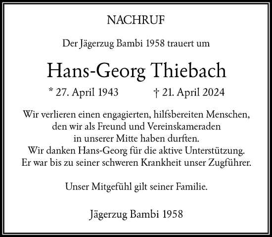 Traueranzeige von Hans-Georg Thiebach von Rheinische Post