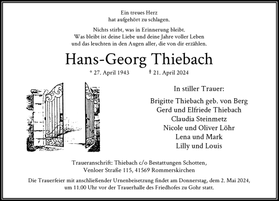 Traueranzeige von Hans-Georg Thiebach von Rheinische Post