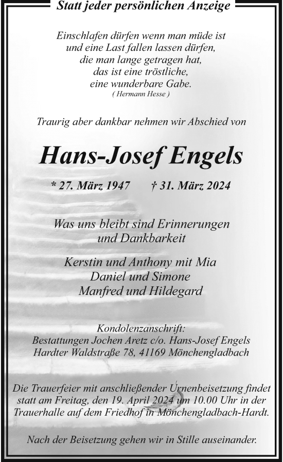 Traueranzeige von Hans-Josef Engels von Rheinische Post